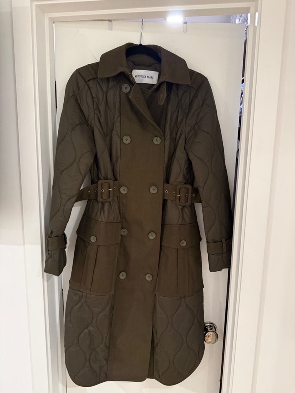 Veronica Beard Quilted Olive Belted Trench Coat